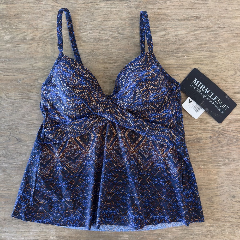 NEW Miraclesuit Allura Padded‎ Tankini Top-Built in Bra-Blue Multi-Sz 8-RRP $132